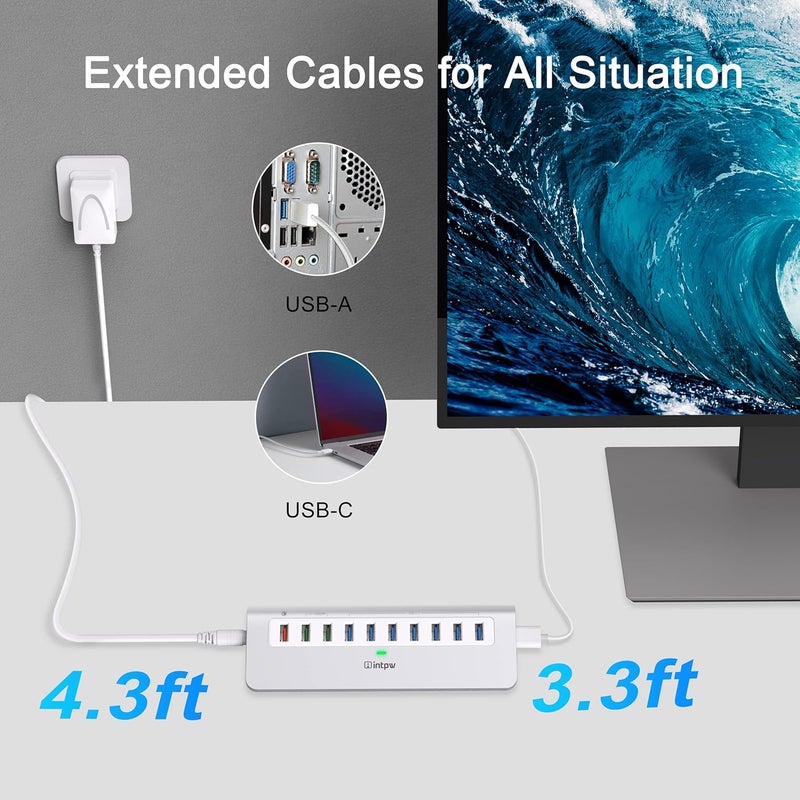intpw Powered USB Hub 10Gbps, 10 Port USB 3.1 Gen 2 Hub with 7 USB 3.1 Data Ports, 3 Fast Charging Ports, 36W Power Adapter, Type A and Type C Cable, Aluminum USB Data Hub for Mac, PC, Laptop - Image 4